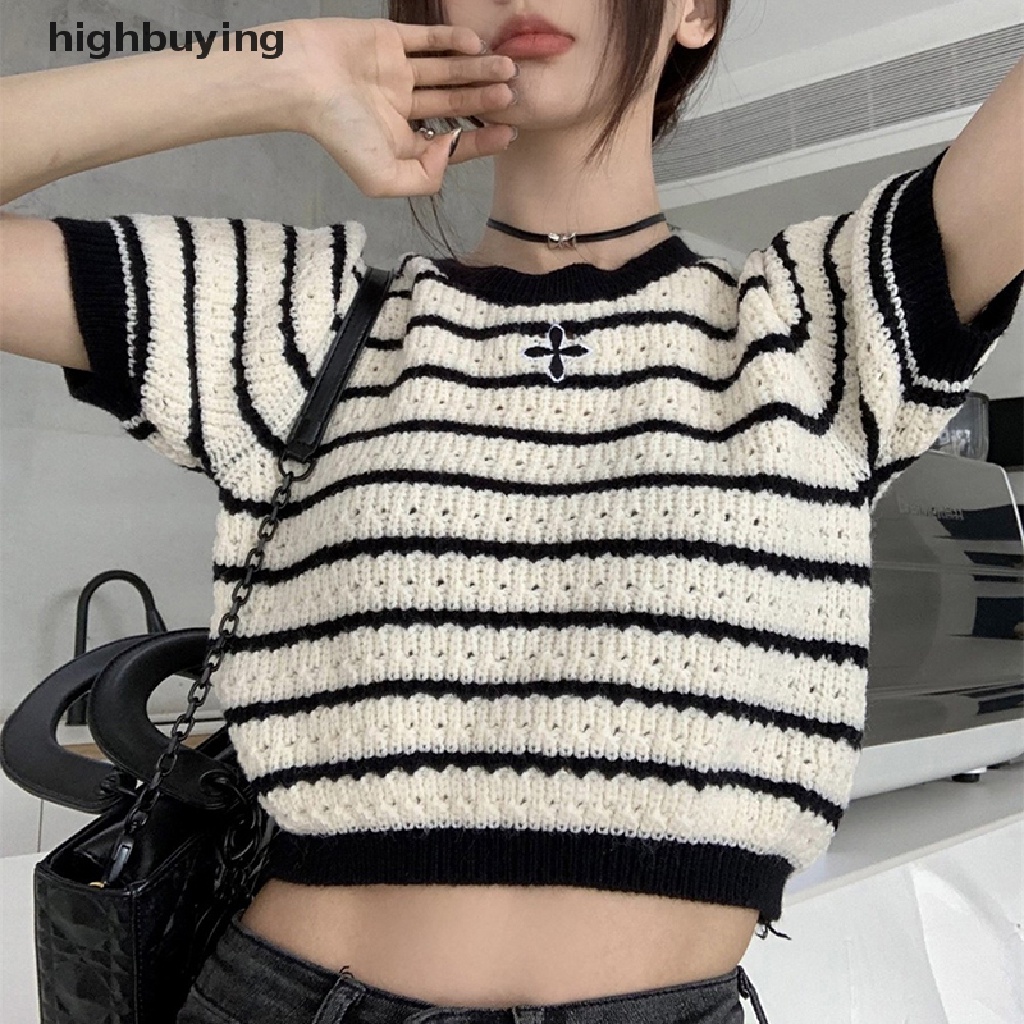 Áo Croptop Dệt Kim Ngắn Tay Cổ Tròn Họa Tiết Kẻ Sọc Phong Cách Retro