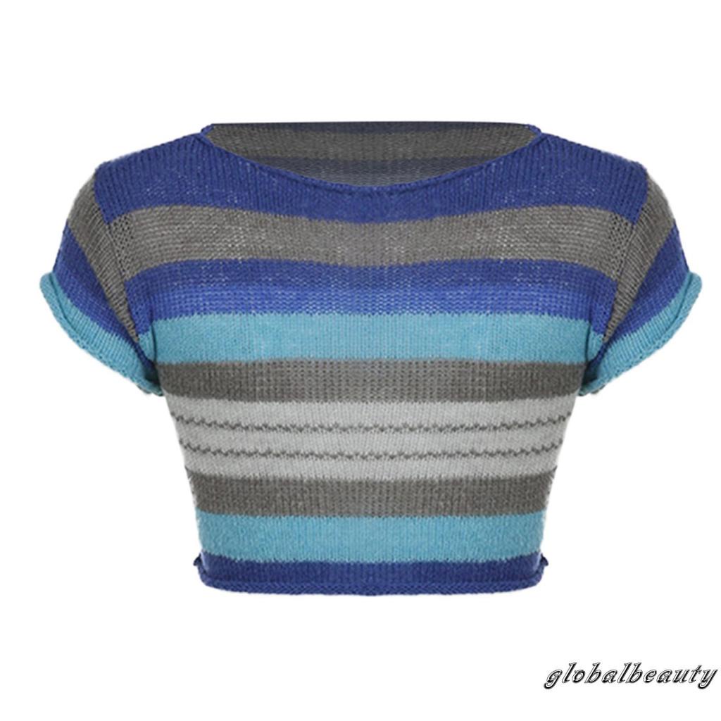 Áo Thun Croptop Tay Ngắn Cổ Tròn Dáng Ôm Họa Tiết Kẻ Sọc Thời Trang Mùa Hè Cho Nữ