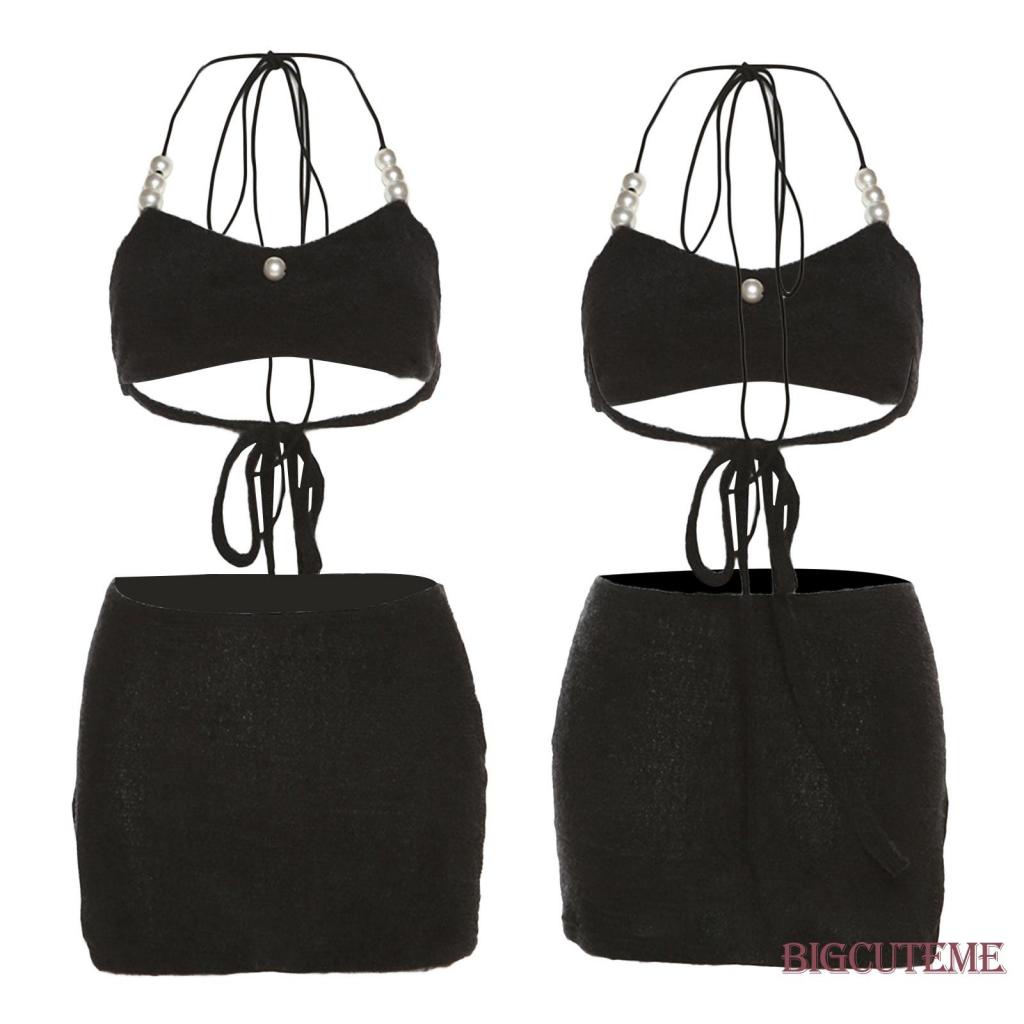 Set Đồ Đi Biển 2 Món Gồm Áo Hai Dây Hở Lưng Đính Ngọc Trai + Chân Váy Mini Xẻ Tà Màu Đen Thời Trang Mùa Hè Cho Nữ