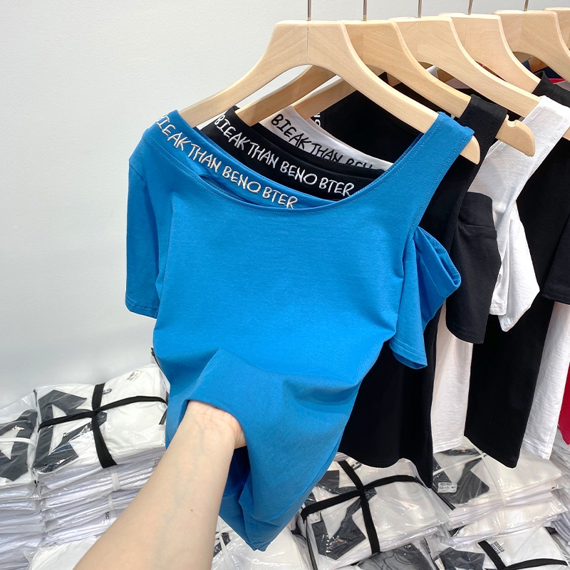 3614#Áo Thun Cotton Ngắn Tay Hở Vai Dáng Ôm Thêu Họa Tiết Thời Trang Mùa Hè 2023 Mới