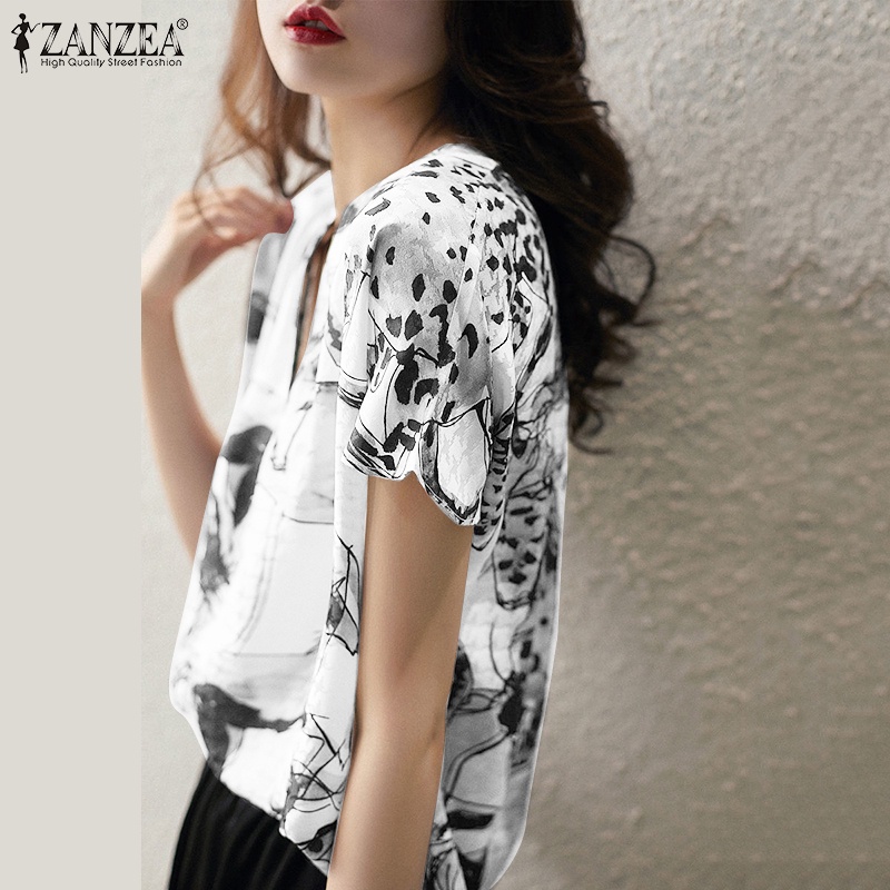 Áo sơ mi ZANZEA ngắn tay in họa tiết thời trang Hàn Quốc cho nữ