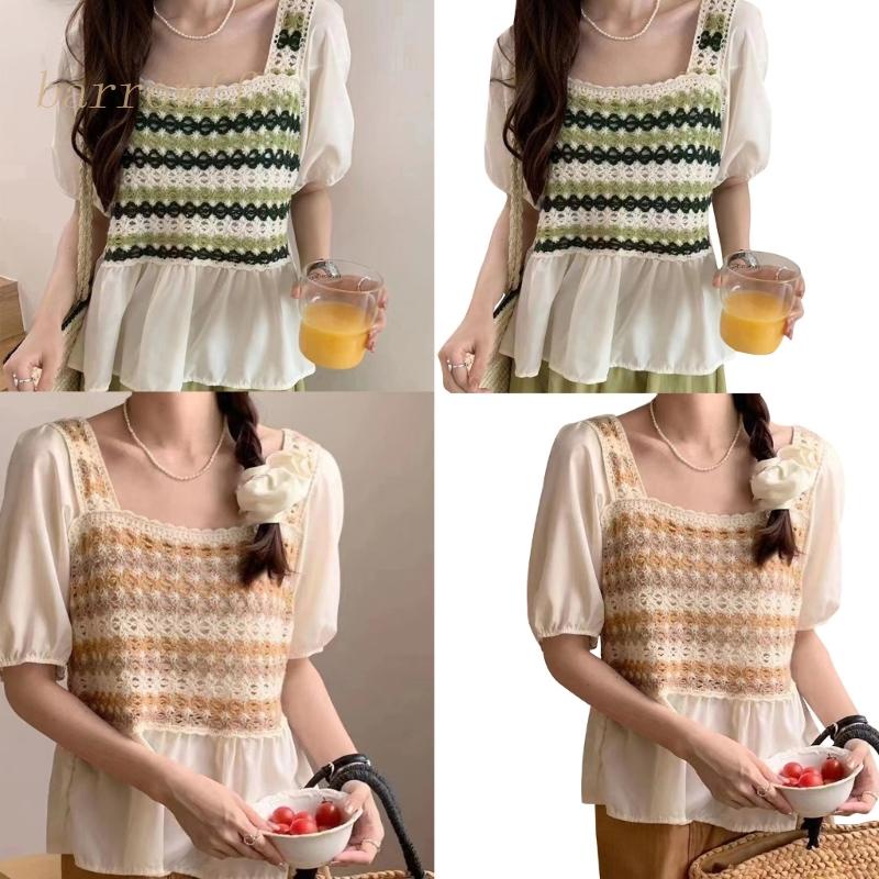 Brroa Áo Sơ Mi Dệt Kim Tay Ngắn Dáng Rộng Vừa Vặn Họa Tiết Kẻ Sọc Rỗng Vintage Ngọt Ngào Dễ Thương