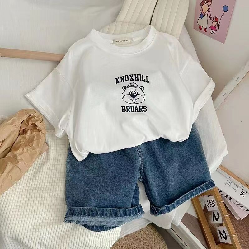 Áo thun ngắn tay 90-150cm dành cho trẻ em Mùa hè Hàn Quốc Nam Nữ Cổ tròn nửa tay Trung nhỏ in hình thời trang cho trẻ em