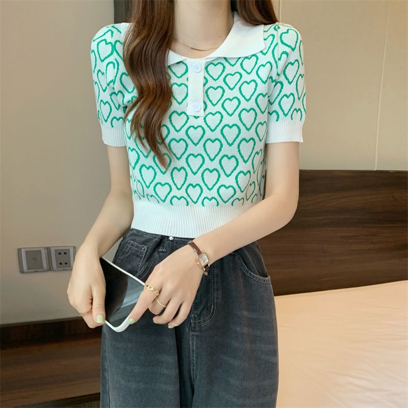 Áo polo Dệt Kim Tay Ngắn In Hình Trái Tim Dễ Thương Cho Nữ