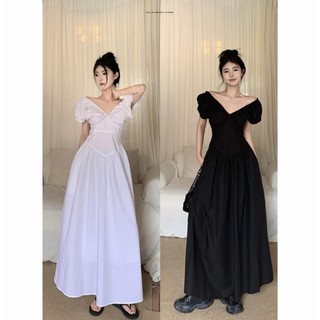 Đầm Dài Dáng Chữ a Cổ Chữ v Xếp Ly Màu Trơn Phong Cách Pháp Thời Trang Mùa Hè Hàng Mới 2023