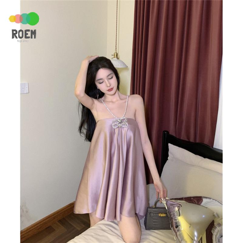 Đầm Hai Dây Vải Satin Bóng Đính Nơ Phối Dây Xích Kim Cương Màu Hồng / Tím