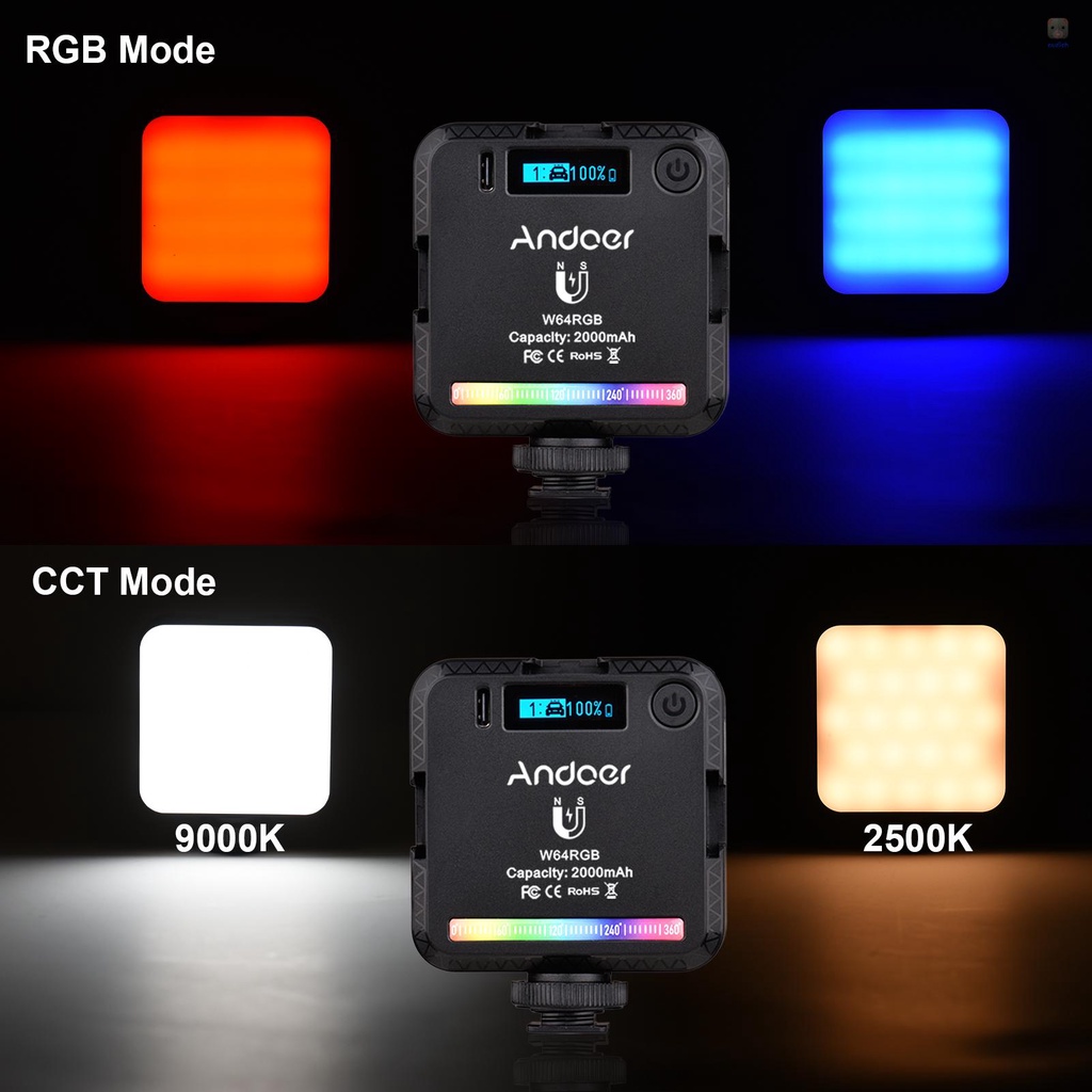 Đèn LED Chụp Ảnh Andoer W64RGB Mini RGB CRI95 + 2500K-9000K 20 Hiệu Ứng Màn Hình LCD 3 Mặt Sau Có Thể Sạc Lại