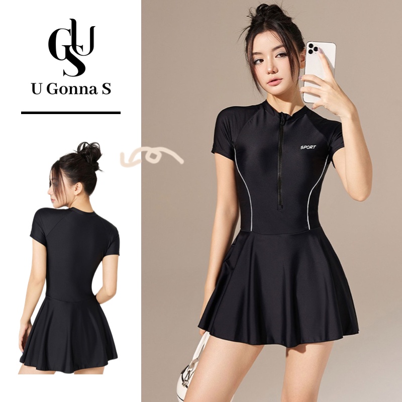 Bikini liền thân U GONNA S màu đen ngắn tay co giãn kèm bra phong cách Hàn Quốc thanh lịch 2023 cho bơi/ lặn/ bãi biển