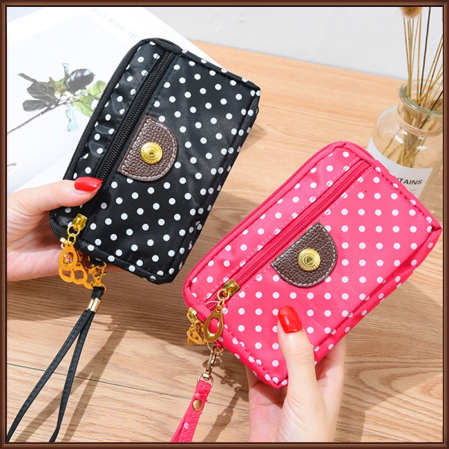 Jaz Túi Xách Tay Bằng Vải Bạt 3 Lớp Có Dây Kéo In Chấm Bi Đựng Điện Thoại Cho Nữ