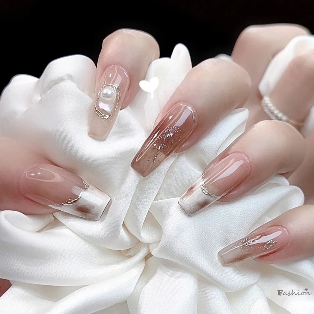 Bộ Móng Tay Giả Dài Màu Hồng Trong Suốt Đính Ngọc Trai Không Gây Hại Viền Mượt Mà