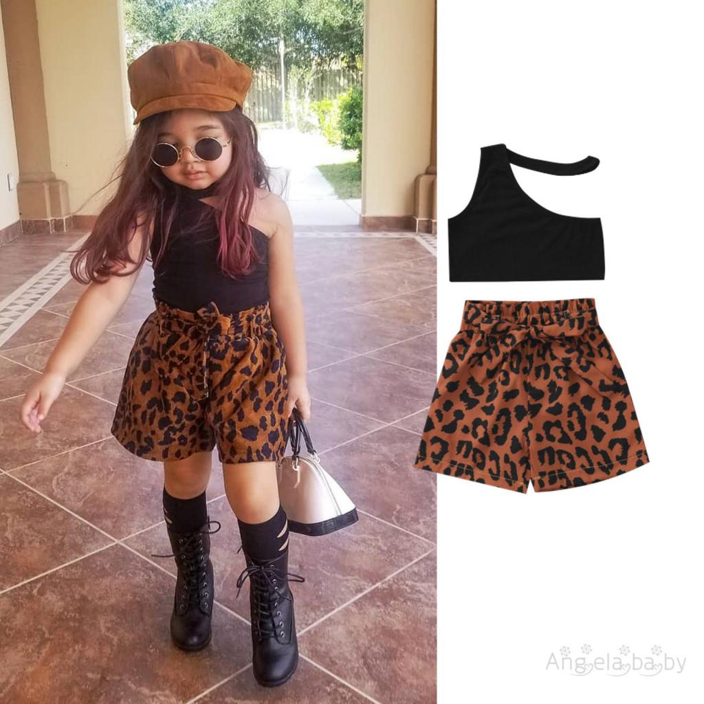Set Áo Hở Vai Phối Quần Short Màu Trơn Họa Tiết Da Báo Thời Trang Cá Tính Cho Bé Gái