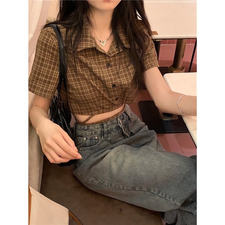 Áo Sơ Mi Nữ Cột Dây Eo Dáng Ngắn Họa Tiết Caro Thời Trang Mùa Hè Xinh Xắn