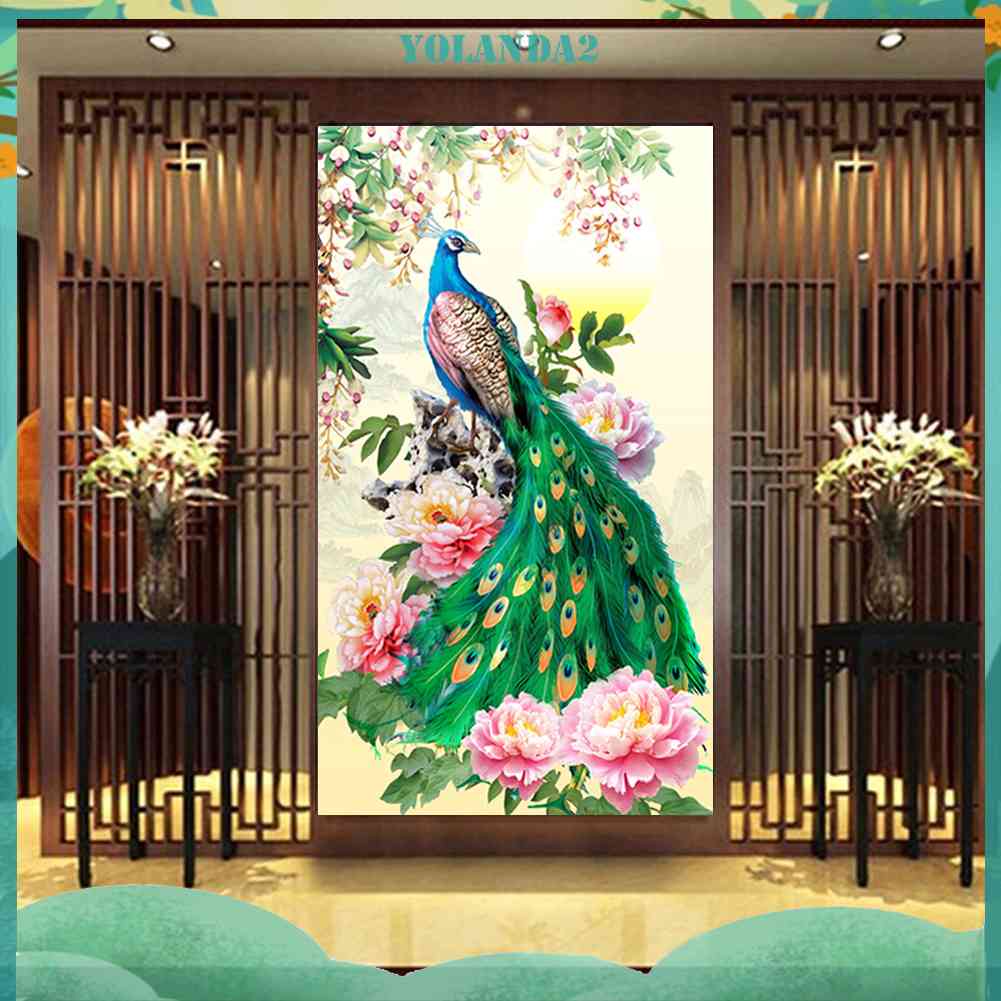 Tranh Thêu Chữ Thập Đính Đá Kim Cương DIY Hình Vẽ Hoa Chim Công