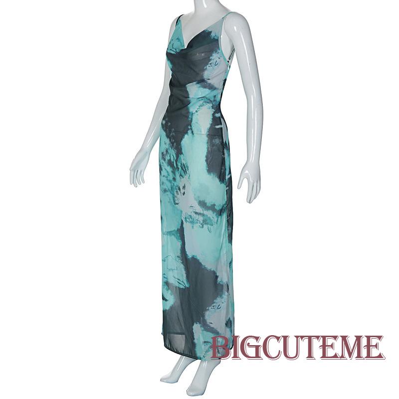 Đầm Dài Chiffon Sát Nách Hở Lưng Cổ Chữ V Họa Tiết Màu Nhuộm Thời Trang Mùa Hè Cho Nữ