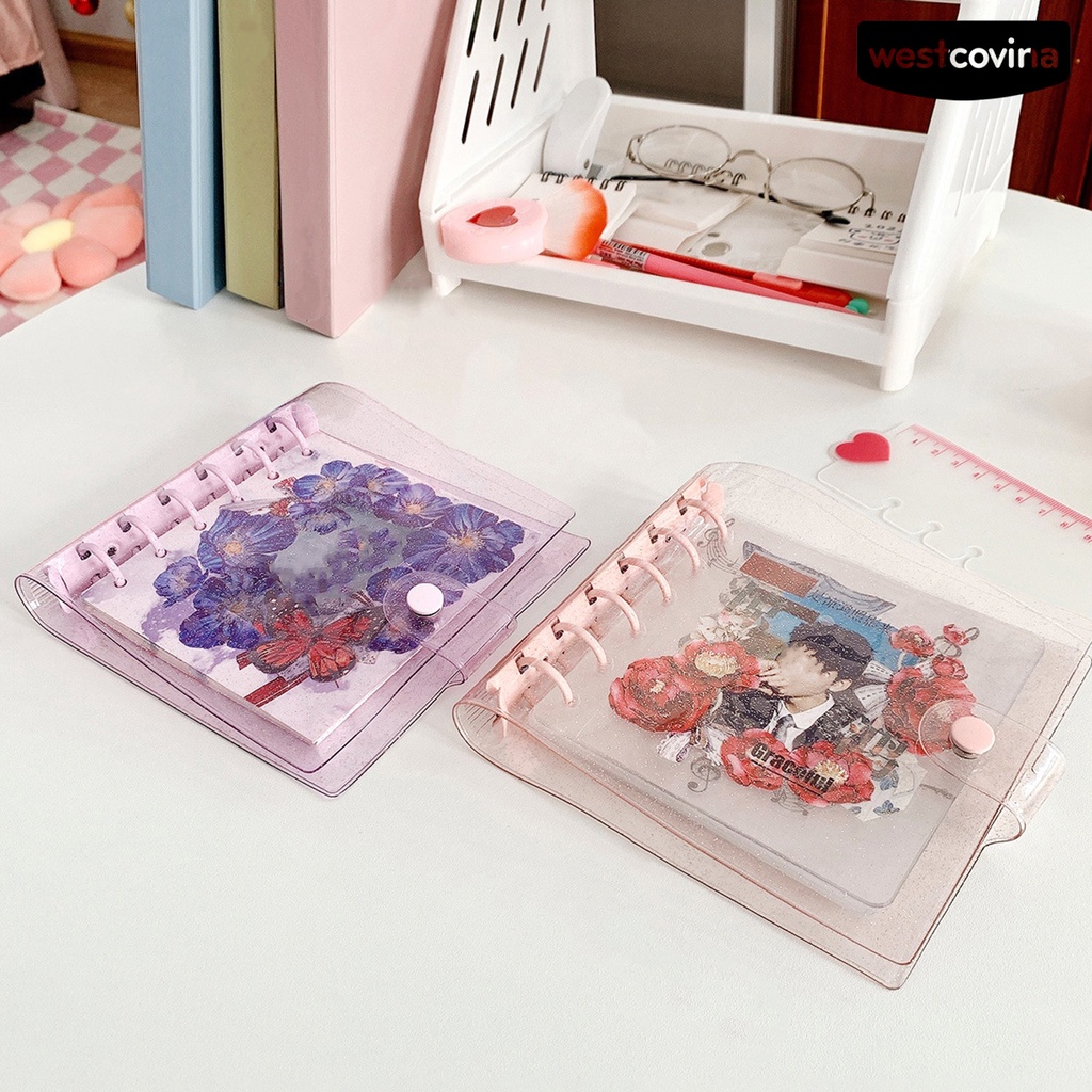 [COD]♪Vỏ Bọc Sổ Tay Nhật Ký Hình Vuông 6 Lỗ Trong Suốt Lấp Lánh Chống Thấm Nước DIY