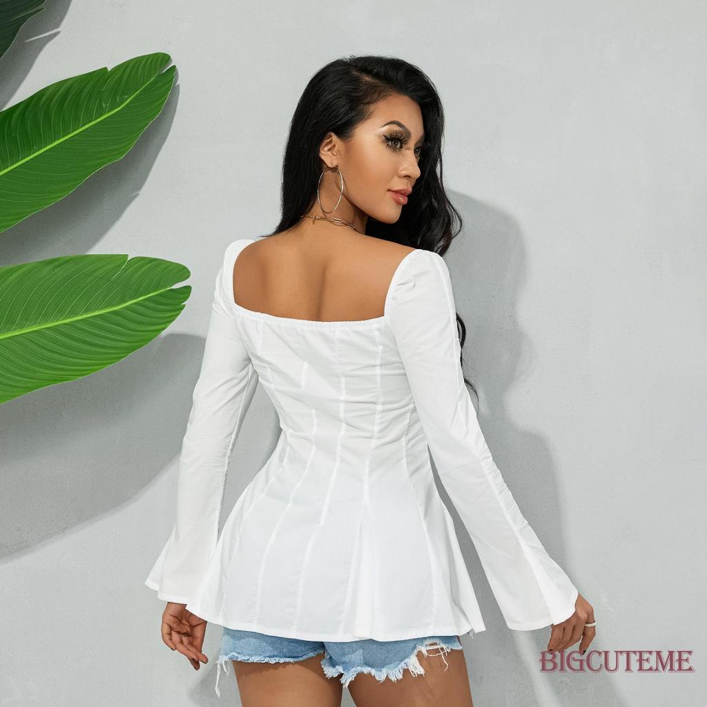 Áo Sơ Mi Dài Tay Cổ Vuông Màu Sắc Đơn Giản Thời Trang Đường Phố Cho Nữ