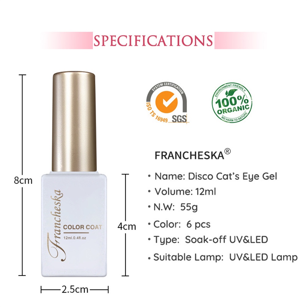 Francheska Sơn Móng Tay Mắt Mèo 12Ml Sơn Móng Tay Nghệ Thuật Bán Vĩnh Viễn Kim Cương Pha Lê Từ Tính 9d Cho Tiệm Làm Móng 6 Màu