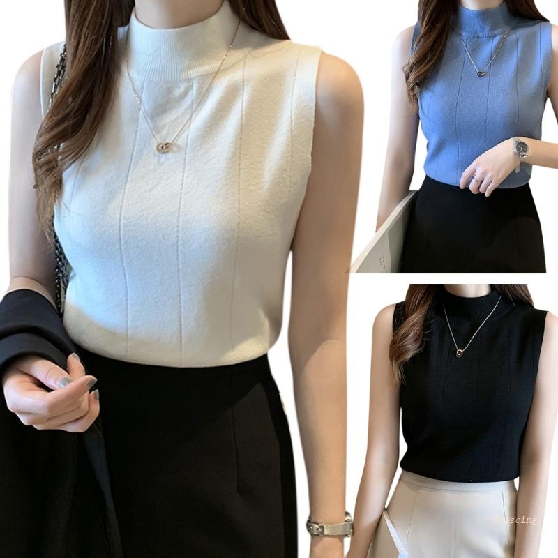 Áo Len Không Tay Cổ Cao Màu Sắc Đơn Giản Thời Trang Cho Nữ