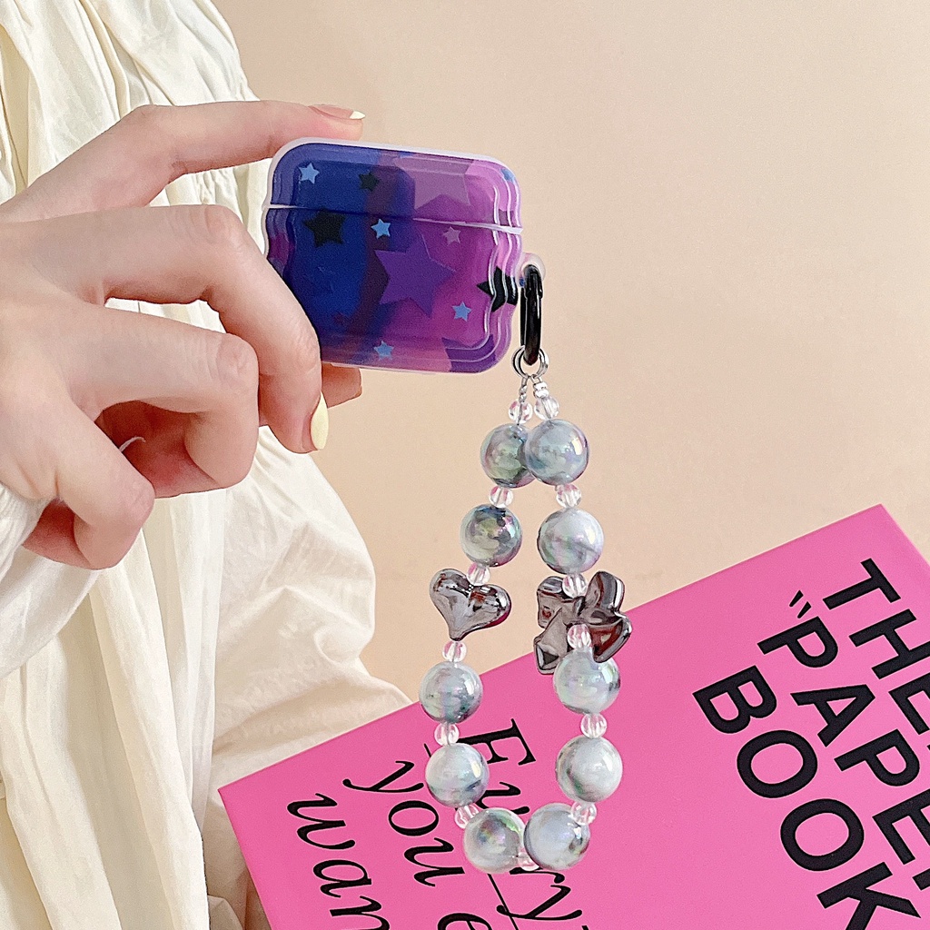 Vỏ Bảo Vệ Hộp Sạc Tai Nghe Bluetooth AirPods 1 2 gen3 pro2 2022 Bằng Silicon tpu Mềm Chống Trầy Hình Ngôi Sao Màu Tím Kèm Dây Đeo Chuỗi Ngọc Trai