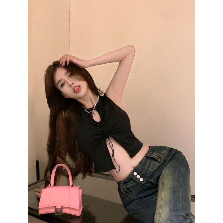 COZOK Áo Hai Dây Dáng Ngắn Form Ôm Thiết Kế Xếp Ly Cột Dây Quyến Rũ