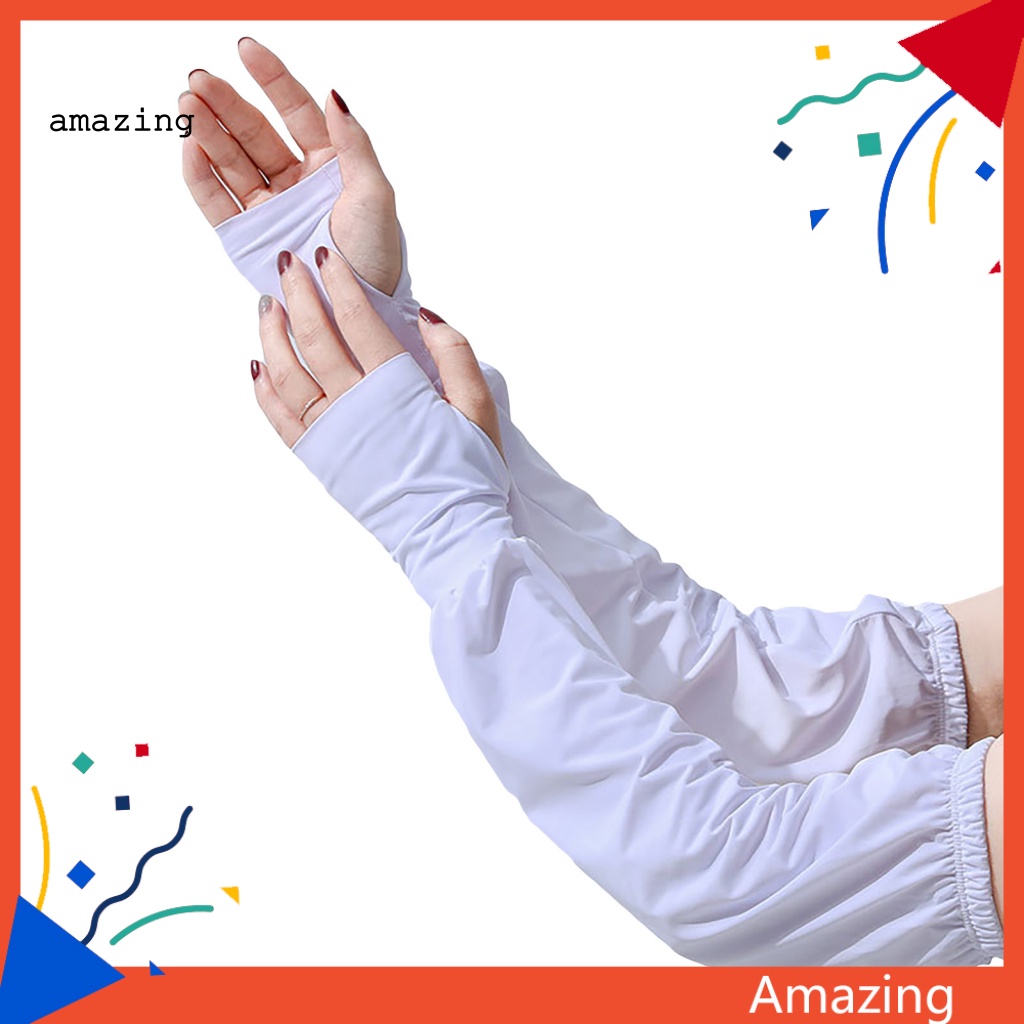 1 Đôi Găng Tay Chống Nắng Bằng Lụa Lạnh Màu Trơn Thiết Kế Lỗ Xỏ Ngón Tay Thời Trang Mùa Hè
