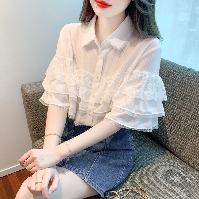 Áo Sơ Mi Trắng Tay Lá Sen Phong Cách Mới 2023 Dễ Phối Đồ