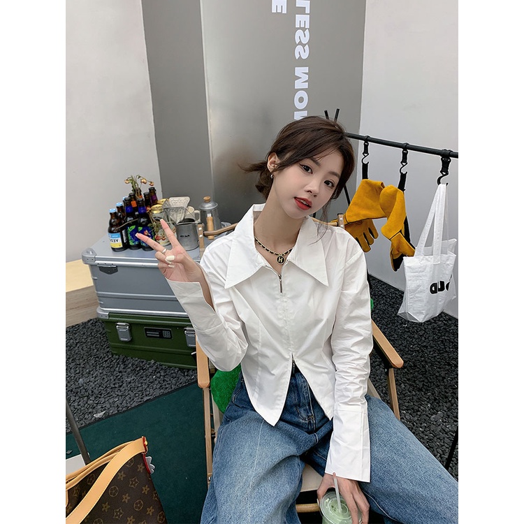Áo sơ mi trắng trơn kiểu nữ dáng dài chiết eo đi chơi đi biển mùa hè nữ thời trang nữ phong cách hàn quốc