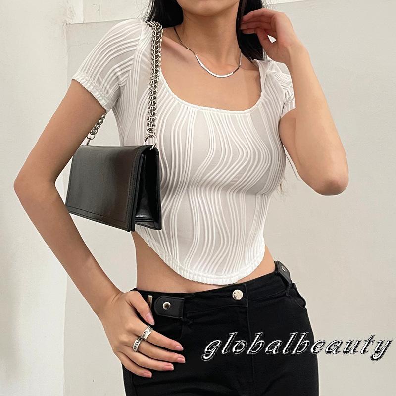 Áo Thun Crop Top Tay Ngắn Cổ Chữ U Họa Tiết Kẻ Sọc Thiết Kế Độc Đáo Thời Trang Mùa Hè Cho Nữ