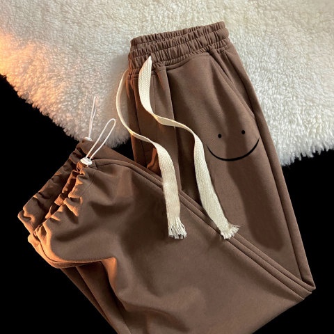 Quần Dài Thể Thao Lưng Cao Dáng Rộng In Hình Mặt Cười Phong Cách Harajuku Thời Trang Cho Nữ