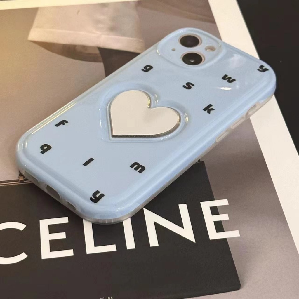 Ốp Điện Thoại Mềm Màu Xanh Dương Nhạt Gắn Gương Hình Trái Tim Phối Chữ Xinh Xắn Cho Iphone 14Promax 13pro 12 11