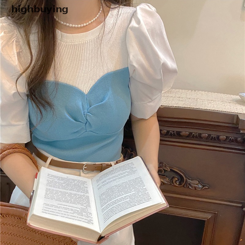 Hbvn Belle Áo Thun Giả Hai Lớp Tay Ngắn Phồng Ôm Dáng Phong Cách Retro Mùa Hè Cho Nữ