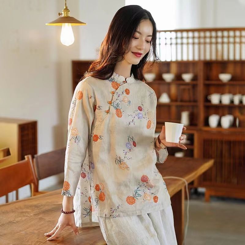 Áo Sơ Mi Vải Lanh Cotton Lạnh Tay Dài In Nhãn Cắt Lớn Thương Hiệu Lớn Màu Đen Chống Rò Rỉ Cao Cấp Mùa Hè Mới
