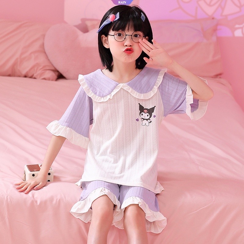 Bộ Đồ Ngủ Tay Ngắn Cổ Búp Bê In Hoạt Hình Sanrio Cinnamoroll Kuromi Lotso Kiểu Nhật Bản Dễ Thương Thời Trang Mùa Hè Cho Bé