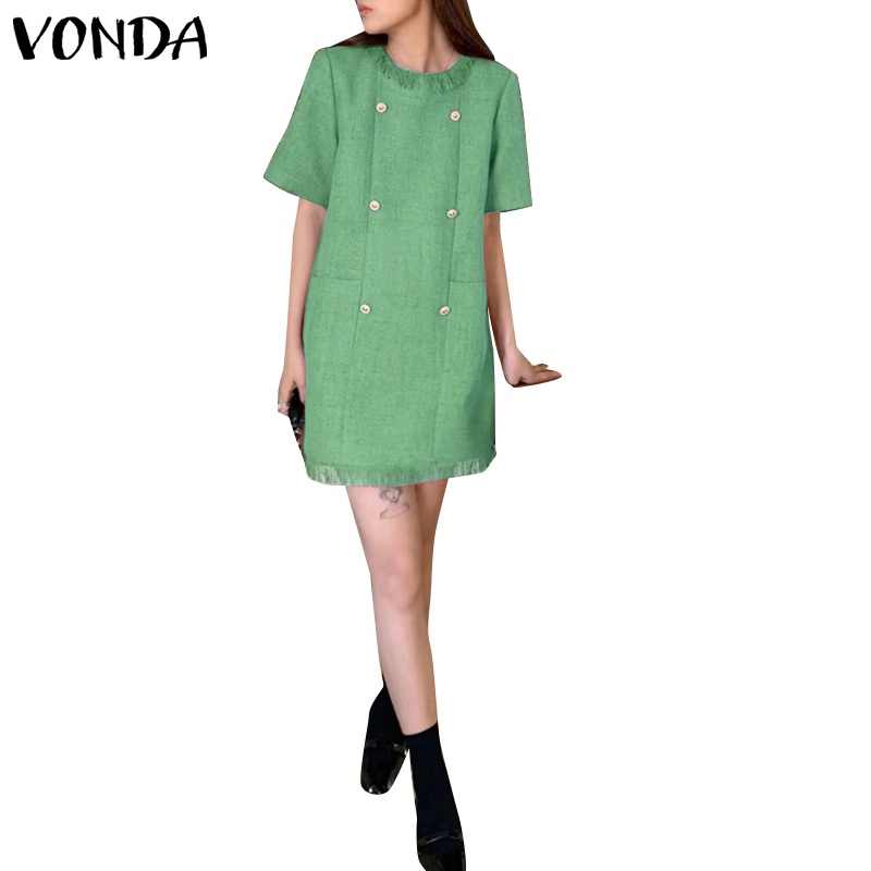 Đầm chữ H VONDA tay ngắn cổ tròn cài nút phong cách Hàn Quốc thời trang cho nữ