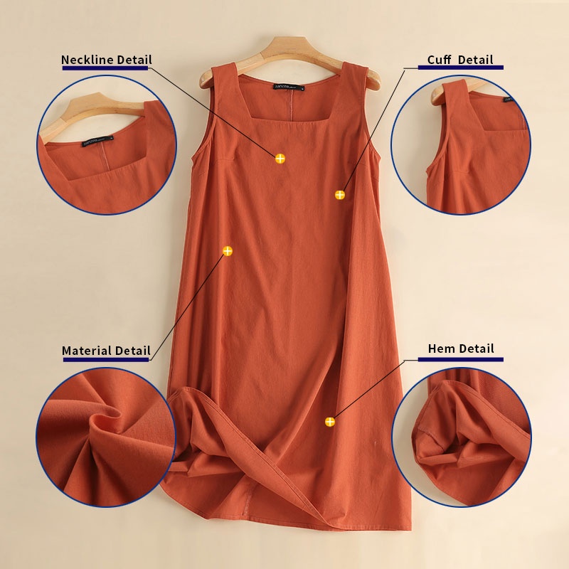 Đầm ZANZEA cotton không tay cổ vuông màu trơn thời trang Hàn Quốc cho nữ