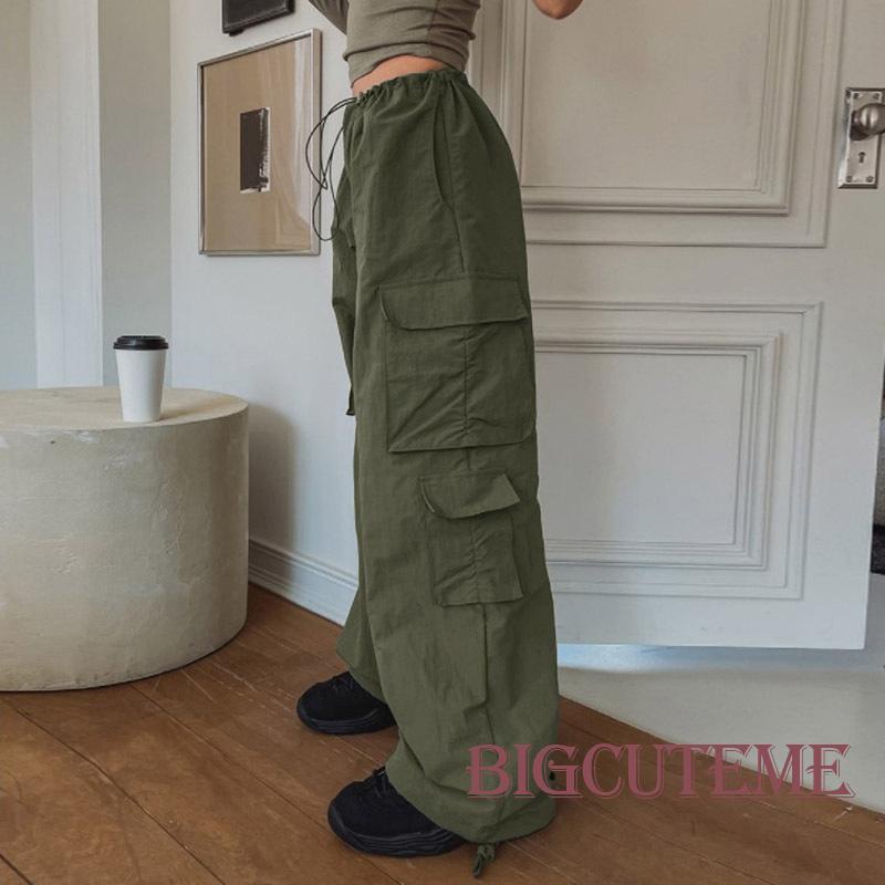 [] - Quần Baggy Dáng Rộng Lưng Vừa Màu Trơn Có Túi Và Dây Rút Cho Nữ