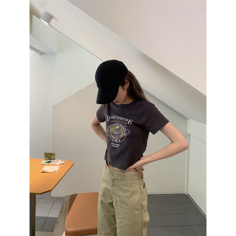 Áo Thun Tay Ngắn Cổ Tròn In Chữ Phong Cách Retro Dành Cho Nữ