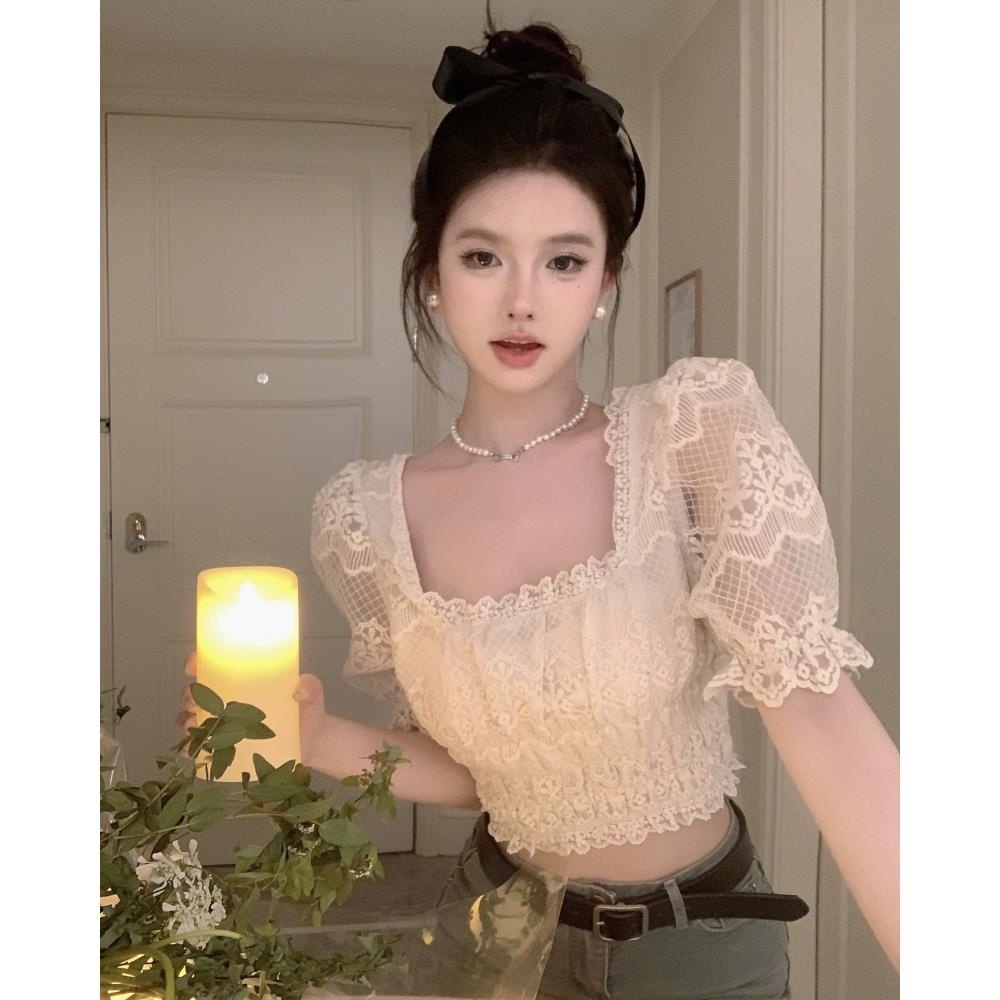 New Sweet square collar short-sleeved lace shirt summer retro temperament pleated bubble sleeve top design sense niche shirt