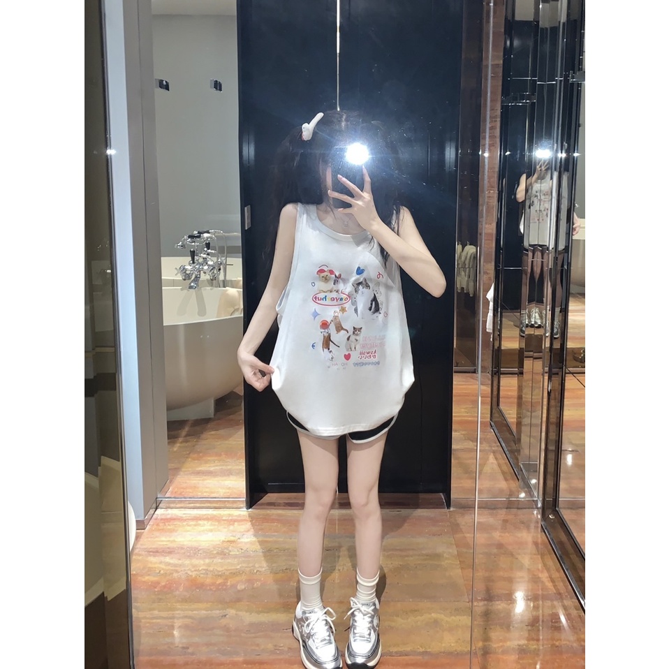 Áo Thun Không Tay In Hình Mèo Dễ Thương Thời Trang Mùa Hè Dành Cho Nữ