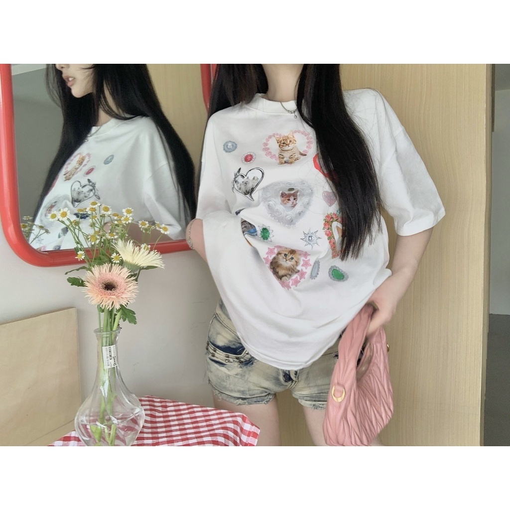 Áo Thun Dáng Rộng In Hình Chó Mèo Dễ Thương Thời Trang Mùa Hè Cho Nữ