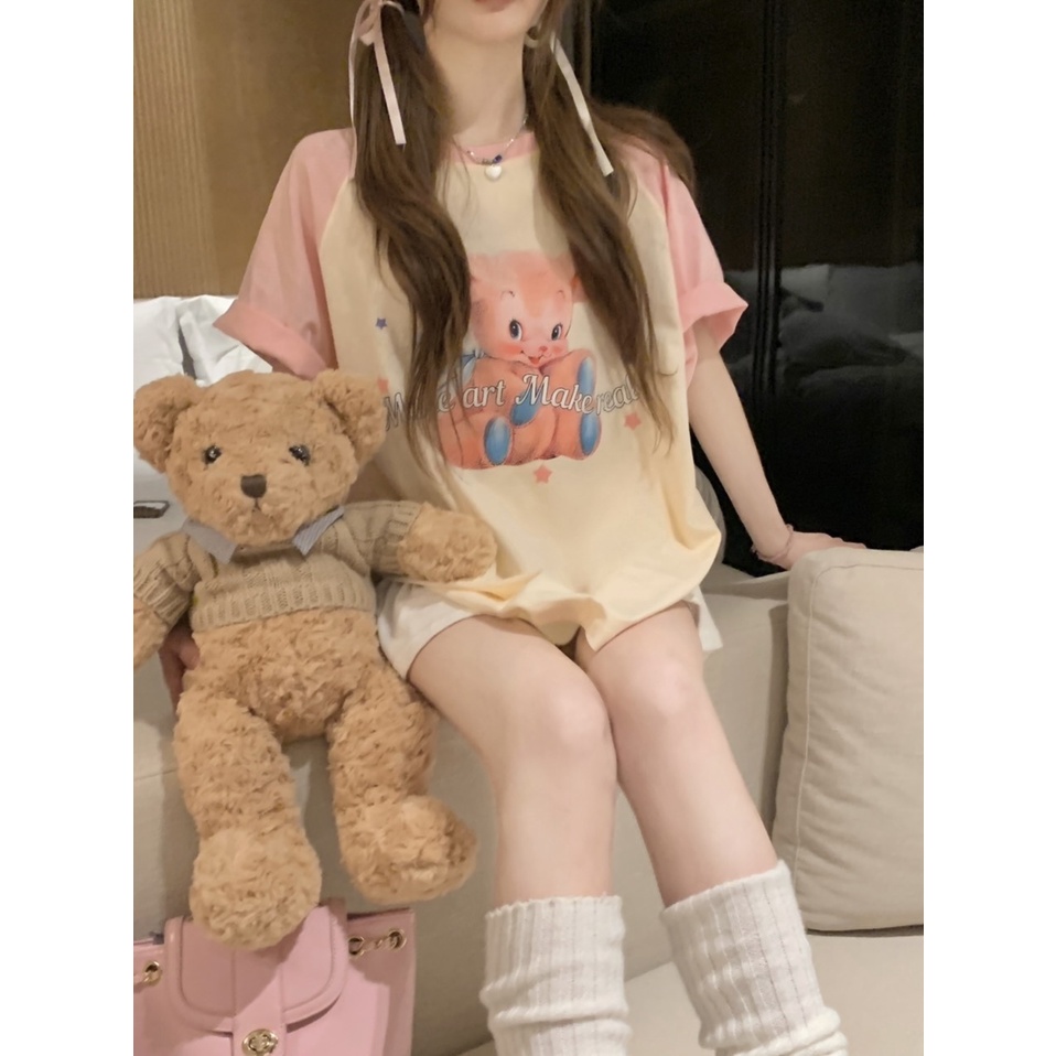 Áo Thun Tay Ngắn Cổ Tròn In Hình Gấu Dễ Thương Phong Cách vintage Dành Cho Nữ