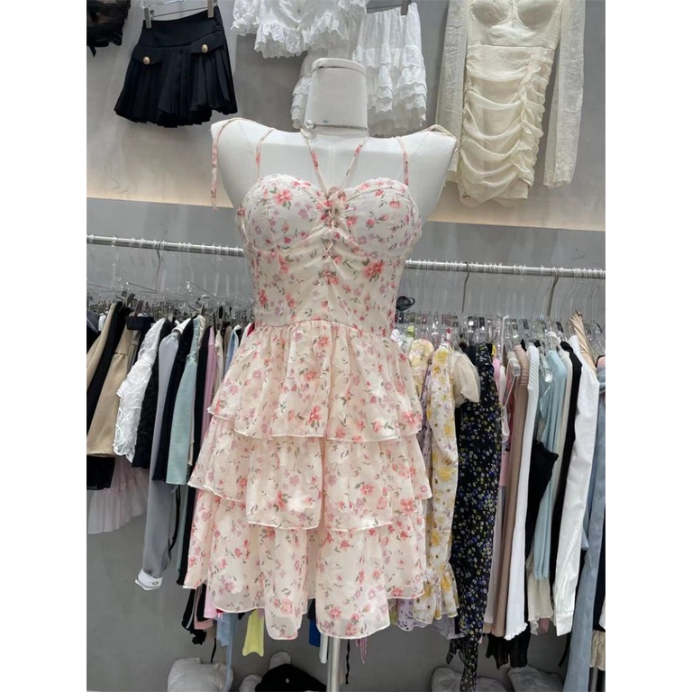 Đầm Công Chúa Mùa Hè Hai Dây Cổ Yếm In Họa Tiết Hoa Hồng Phong Cách Pháp Ngọt Ngào Hợp Thời Trang