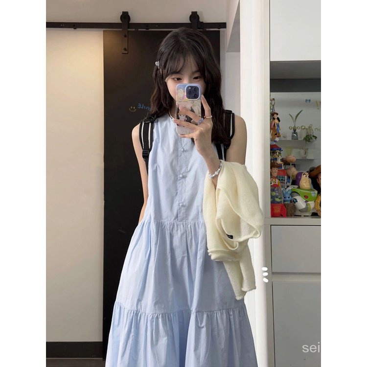 vest dress women's summer French round neck stitching pleated high-grade loose slimming sleeveless a-length dress