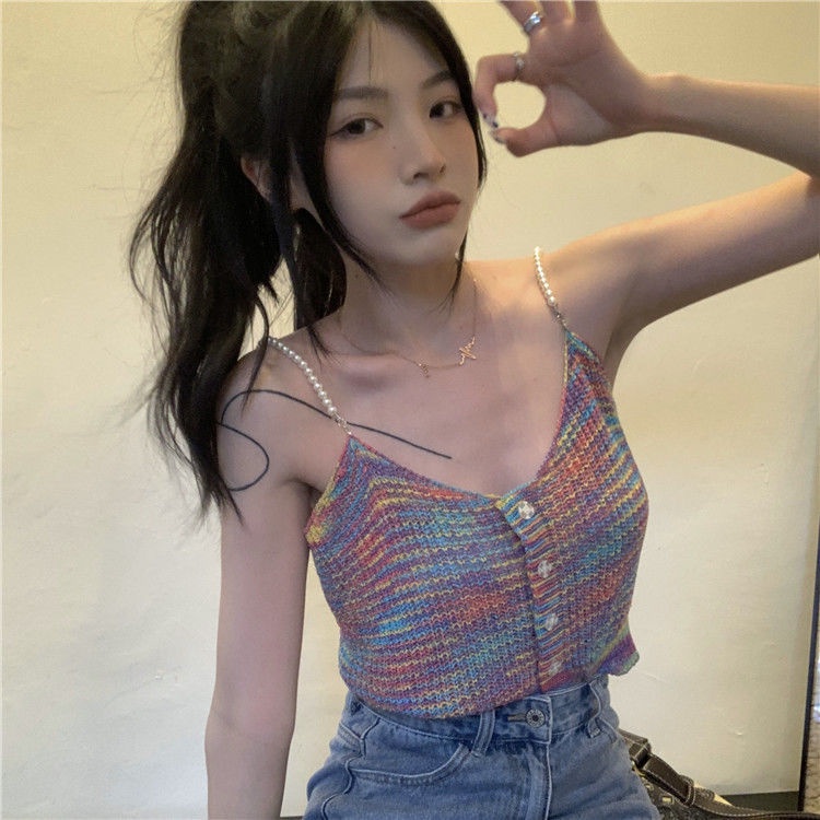 Áo Dệt Kim Hai Dây Ôm Dáng Đính Ngọc Trai Phong Cách Hàn Quốc