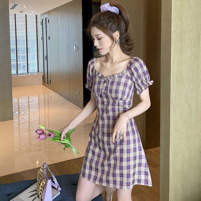 Đầm Tay Ngắn Hở Vai Ôm Eo Họa Tiết Sọc Caro Phong Cách Pháp Cổ Điển Thời Trang Cho Nữ