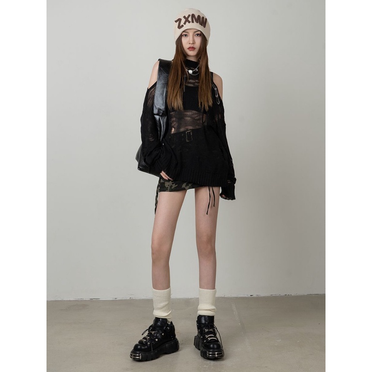 Y2k Hot Girl Áo Lưới Dệt Kim Dáng Rộng Rách Cá Tính Ngọt Ngào Cao Cấp Dễ Phối Đồ