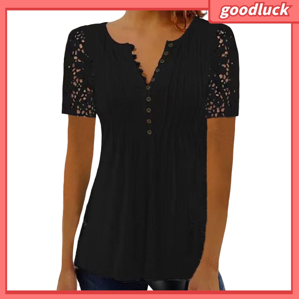 Áo Thun Tay Ngắn Cổ Chữ V Màu Trơn Phối Ren Lưới Xuyên Thấu Thời Trang Mùa Hè Cho Nữ