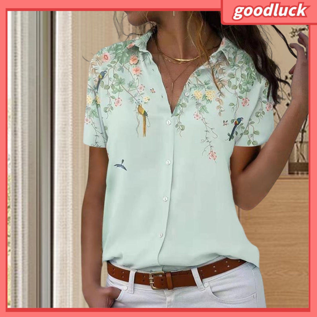 Áo Sơ Mi Tay Ngắn Cổ Bẻ Cài Khuy In Họa Tiết Hoa Thời Trang Mùa Hè Xinh Xắn Cho Nữ