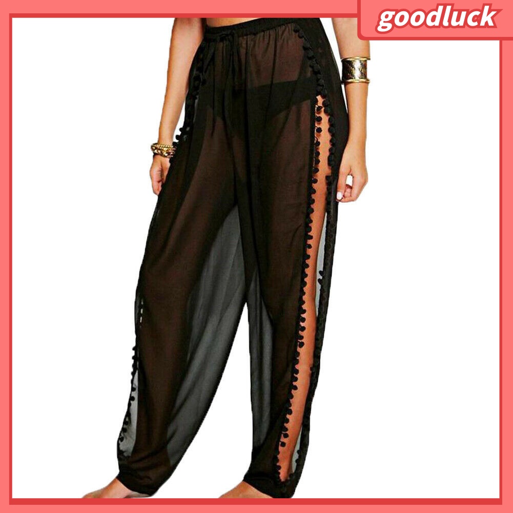 [ULK] Quần Dài Lưng Cao Có Dây Rút Trang Trí Bên Hông Đính Bóng Lông Cho Nữ