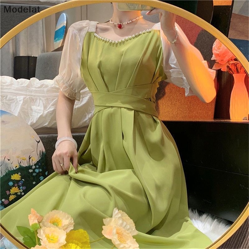 Đầm Midi Cổ Vuông Tay Ngắn Cột Dây Đính Hạt Ngọc Trai Thời Trang Mùa Hè Xinh Xắn Cho Nữ